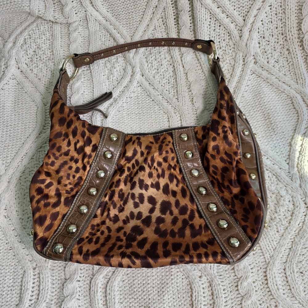 Genna De Rossi Hobo Shoulder Bag Brown Leopard Studded